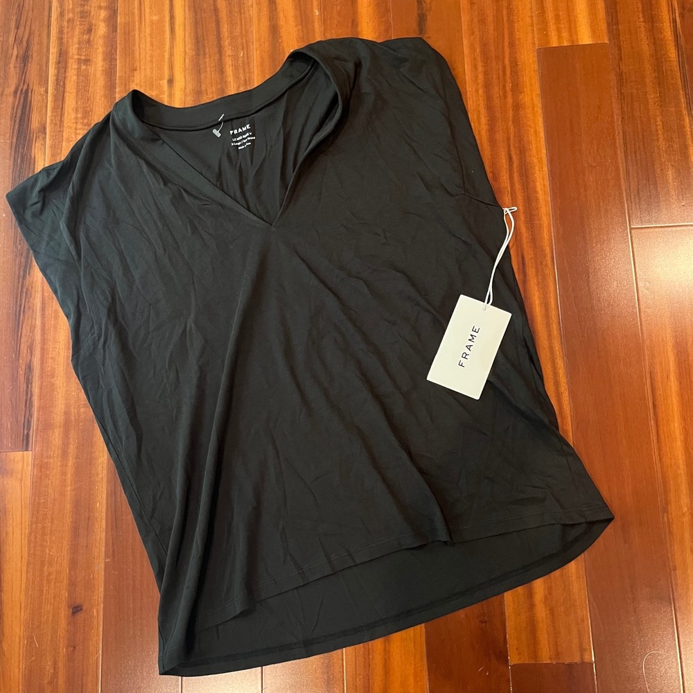 FRAME Black Tee Top Le Mid Rise V Noir Black Organic Cotton V-Neck Tank New XL